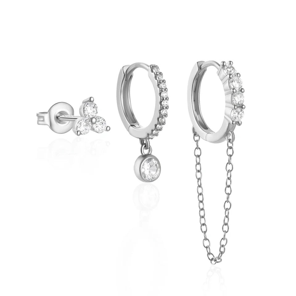 3 piece Zircon chain hoop, Huggie and stud [Joy]